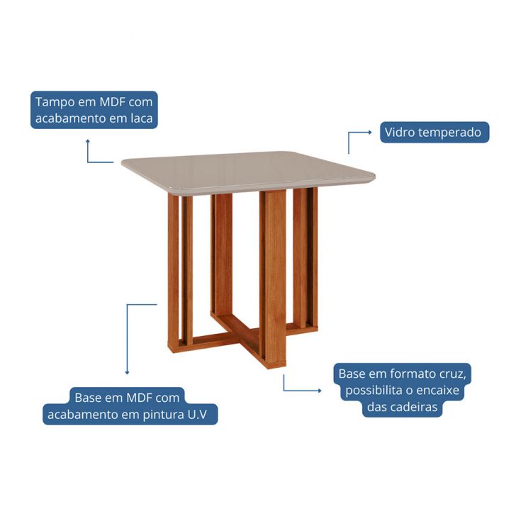 Table carrée à manger avec surface en verre Flora cannelle et blanc cassé 95 cm