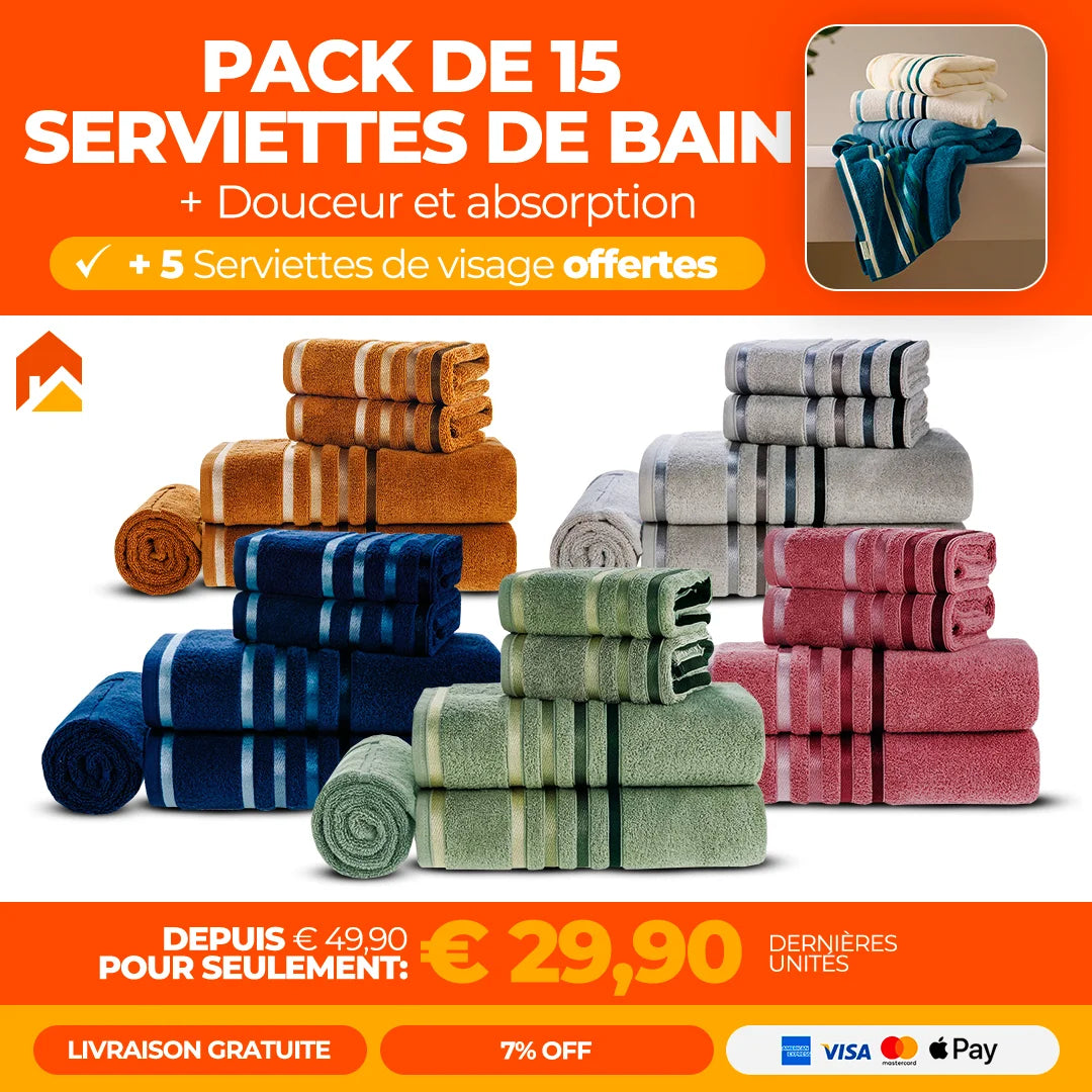 Pack de 15 Serviettes de bain + 5 Serviettes de visage offertes