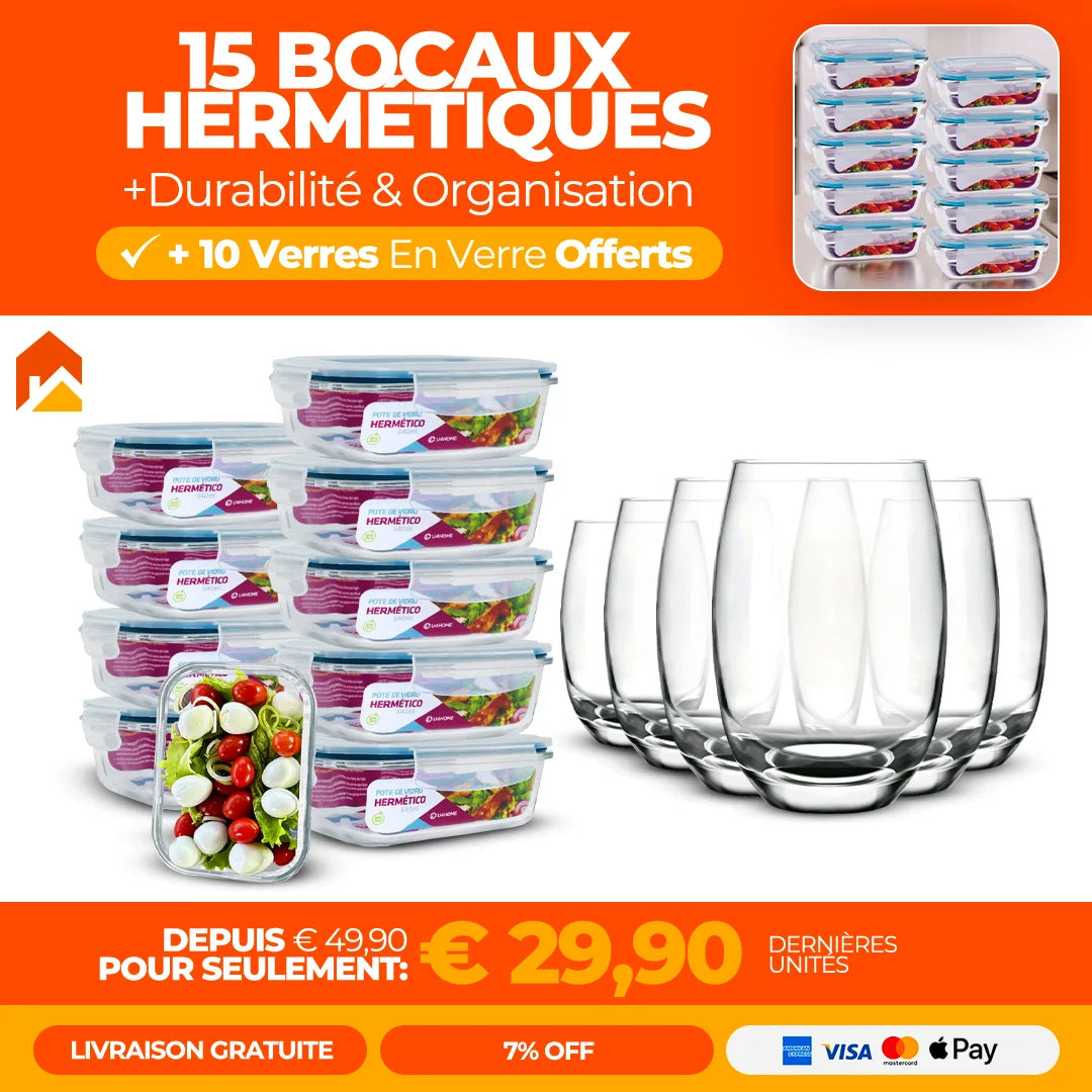 15 Bocaux Hermétiques + 10 Verres En Verre Offerts