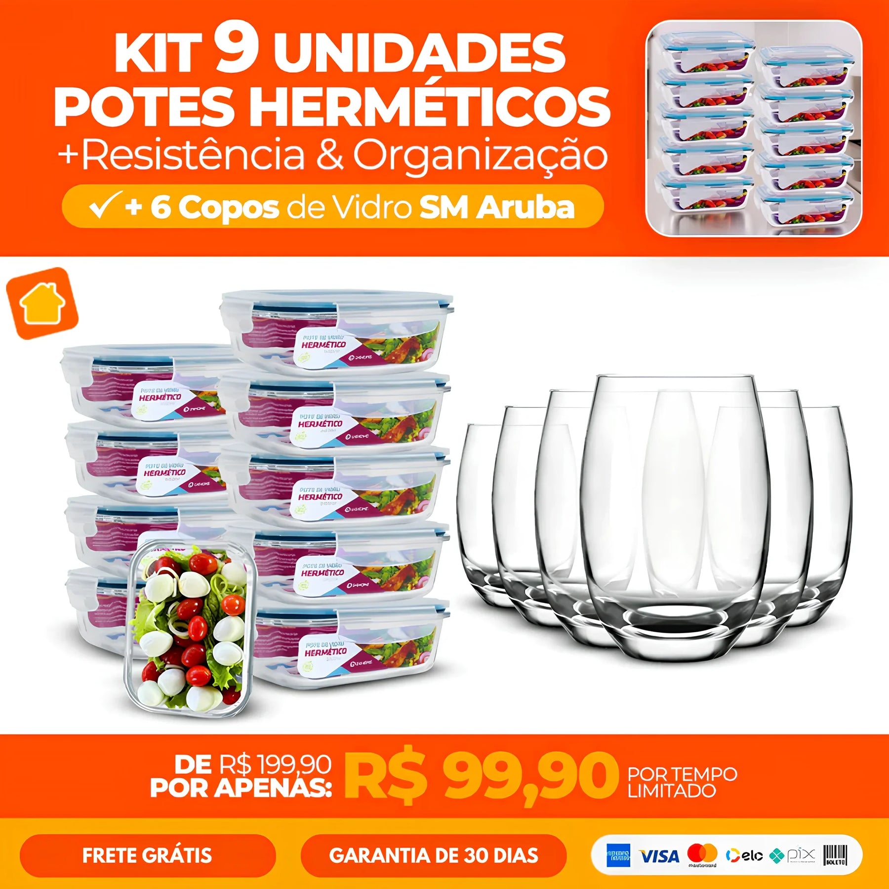 Kit com 9 Potes Herméticos de Vidro + 6 Copos de Vidro Aruba de Brinde